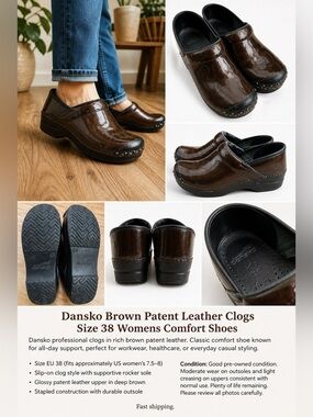 Dansko Brown Patent Leather Clogs Size 38 Womens Comfort Shoes
